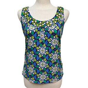 Boden Embellished Blue and Green Sleeveless Top Geometric Pattern Women's US 10